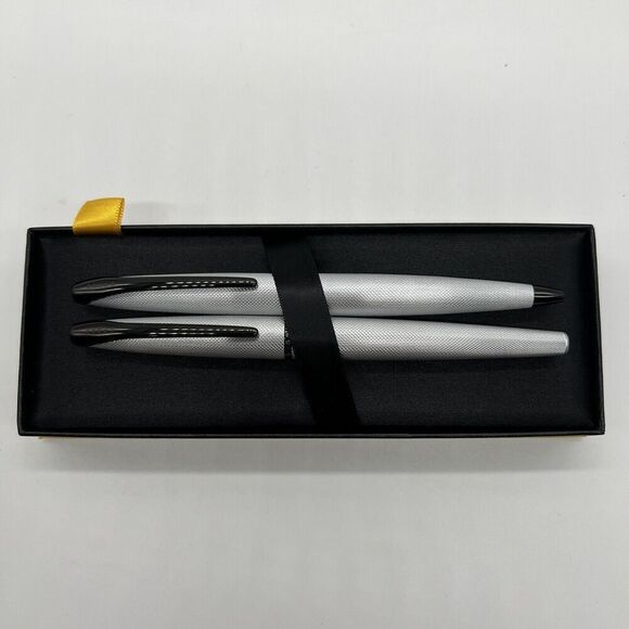 Cross ATX Fountain & Rollerball Pen Set  Brushed Chrome Etched Diamond Pattern M - Picture 1 of 16